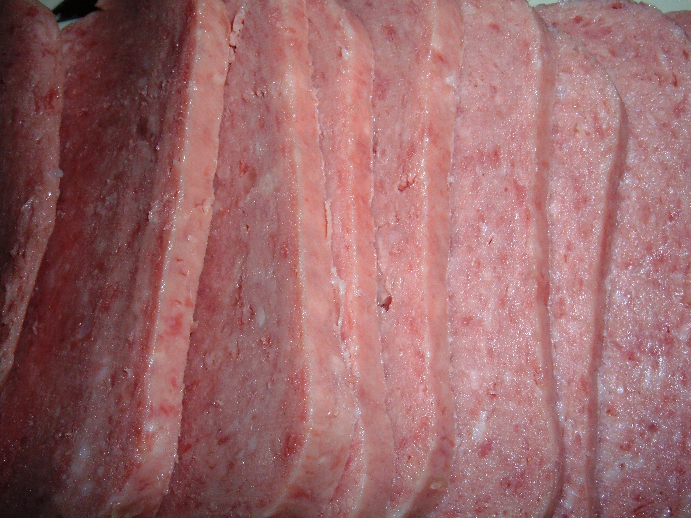 Sliced Spam on a plate